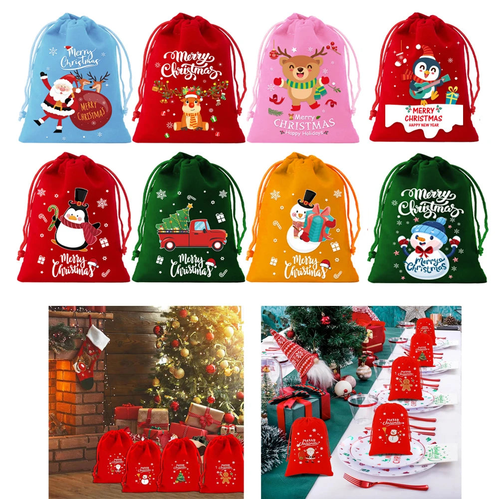 1/6/30pcs Christmas Velvet Drawstring Candy Gift Bag Small Wrapping Bag for Present Party Biscuit Jewelry Pouch New Year Storage