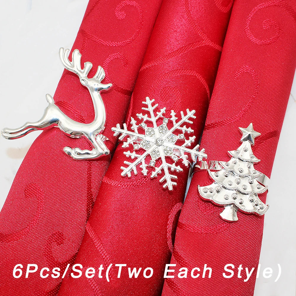 6Pcs Christmas Napkin Rings Gold Metal Snowflake Deer Serviette Buckle Xmas Tree Napkin Holder for Home Christmas Table Decor