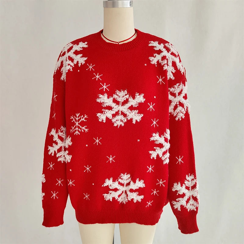 Christmas Sweater For Women Casual O Neck Long Sleeve Snowflake Printed Knitted Printed Sweater Women Pullover