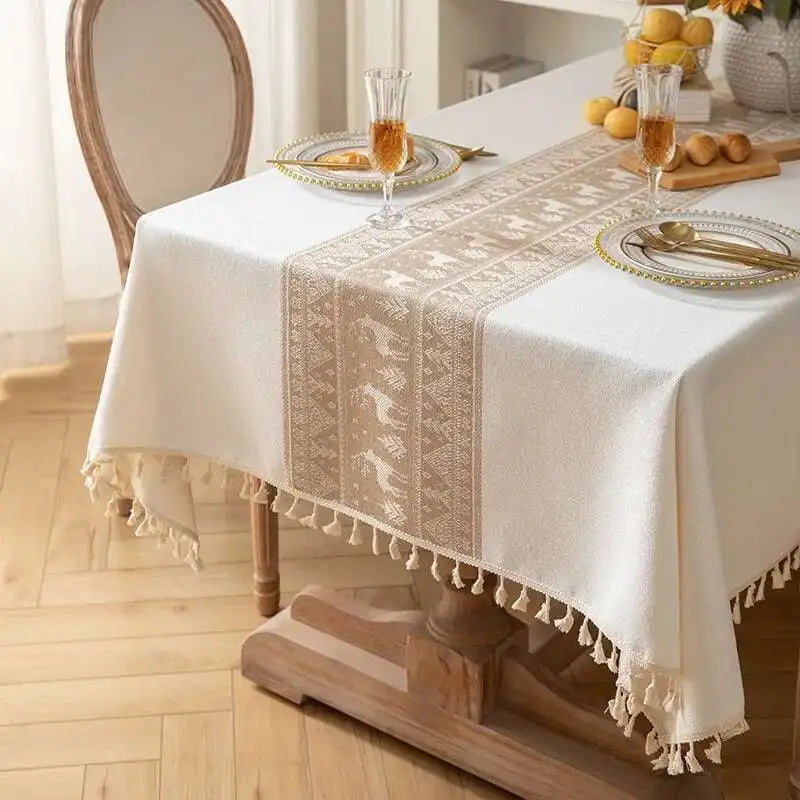 Christmas Deer Tablecloth Cotton Linen Fabric Dining Table Cloth Light Luxury High-end Rectangular Tablecloth Tassel Cover Cloth