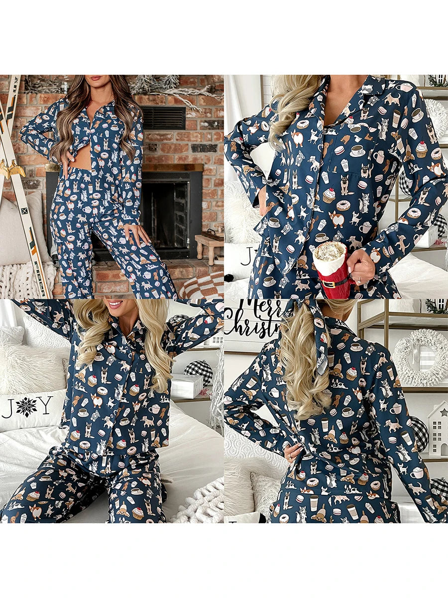 Womens Christmas 2Piece Pajamas Loungewear Set Santa/Tree/House Print Long Sleeve Tops+Elastic Pants Homewear Outfits