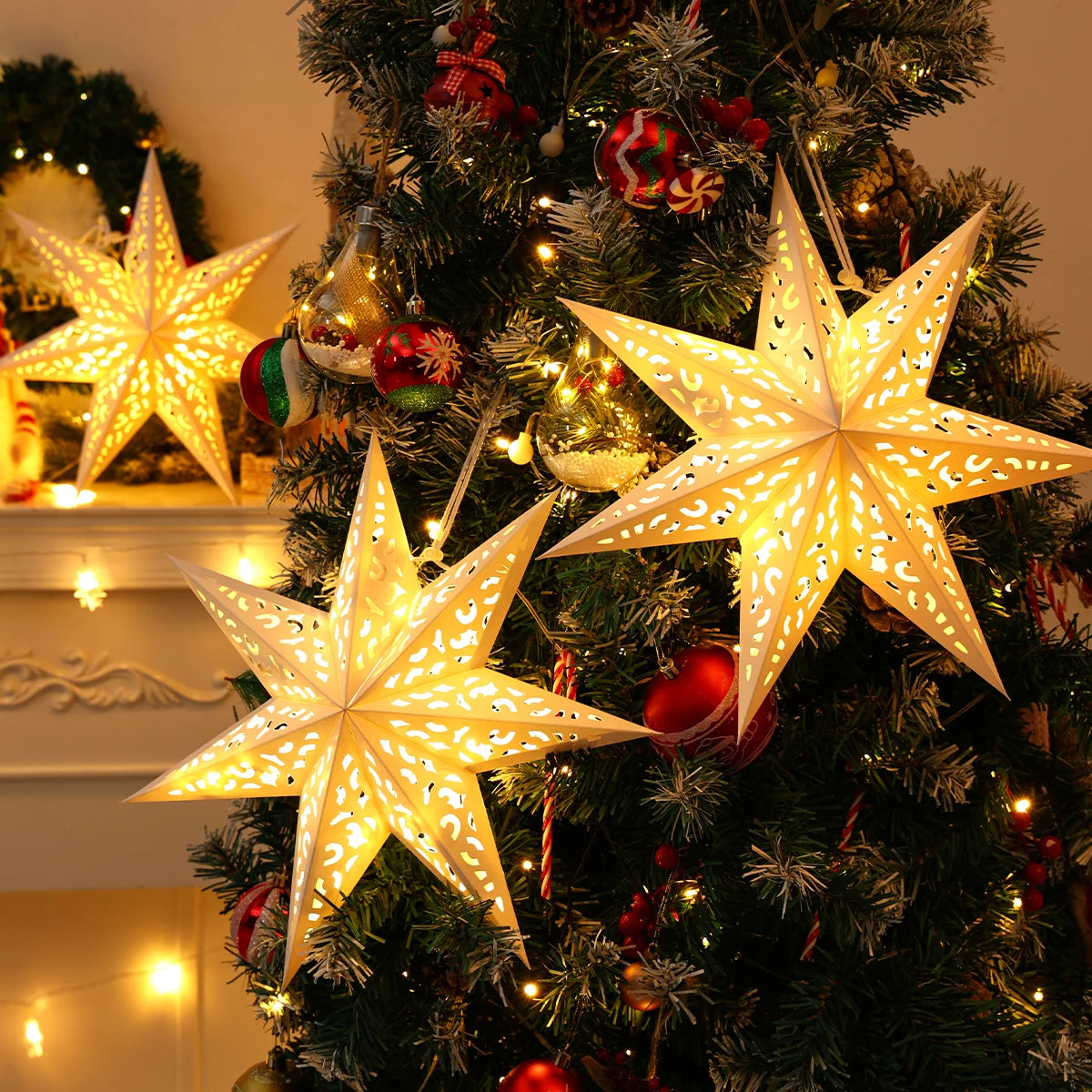 Christmas Paper Star Pendant Merry Christmas Decorations for Home 2025 Navidad Xmas Tree Hanging Lampshades Ornament New Year