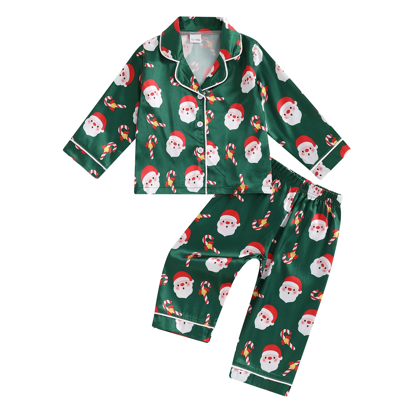 BeQeuewll Christmas Kids Girls Boys Pajamas Set Satin Santa Claus Button Children Sleepwear Long Sleeves Shirt Pants Loungewear