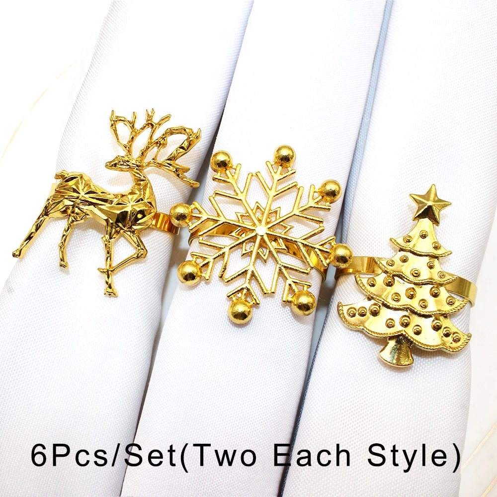 6Pcs Christmas Napkin Rings Gold Metal Snowflake Deer Serviette Buckle Xmas Tree Napkin Holder for Home Christmas Table Decor