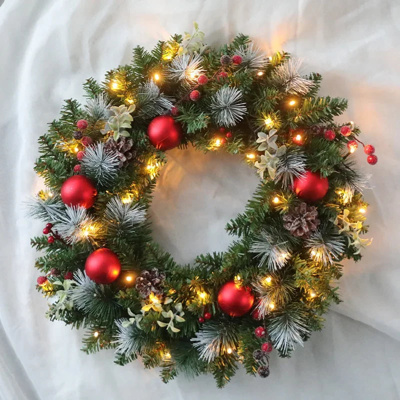 20-60cm Christmas Wreath with LED Fairy Light Door Hanging Garland Pine for Home Decorations Xmas Party Supplies Happy New Year