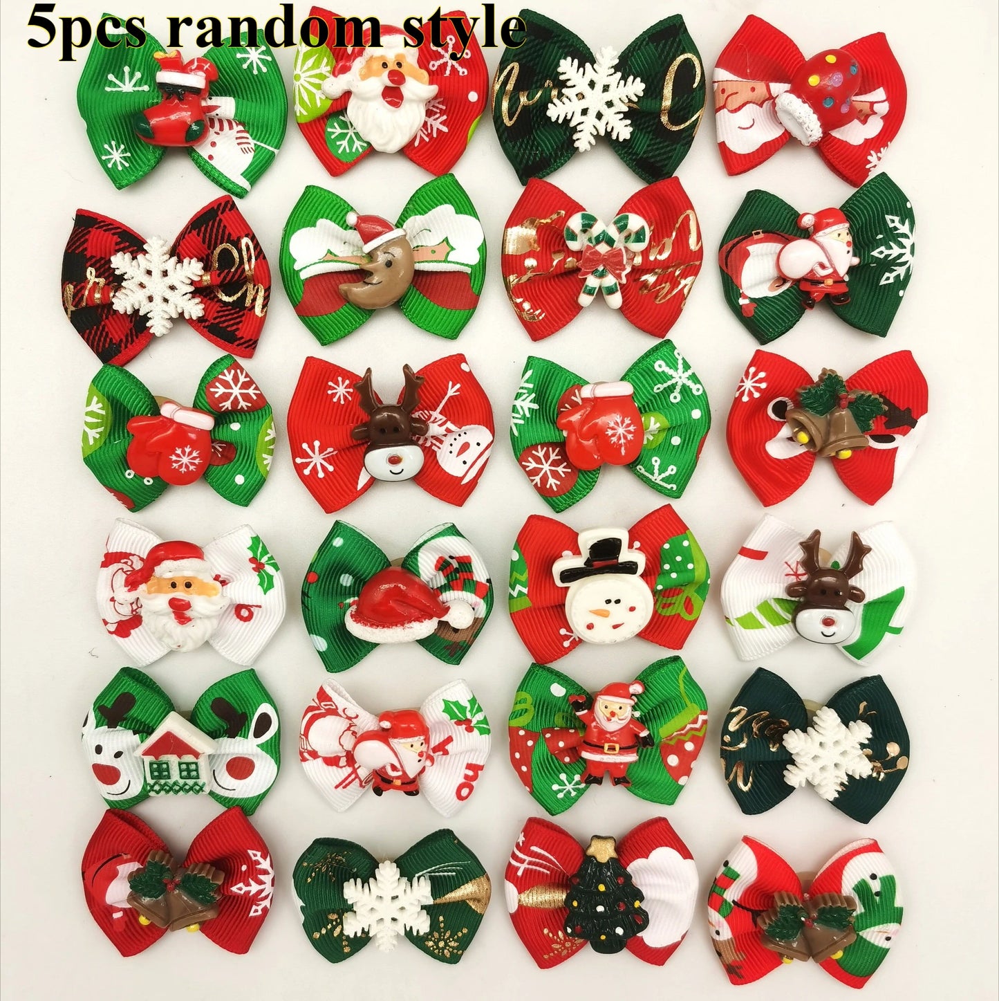 Christmas Pet Hair Bows, 5Pcs Random Style Dog Hair Clips with Santa Snowman Prints, Festive Pet Grooming ，Small Dog and cat