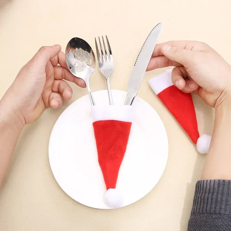 Christmas Decoration Tableware Holder Bag Christmas Hat Fork Knife Cutlery Bag Xmas Home Kitchen Decor Ornament Navidad New Year