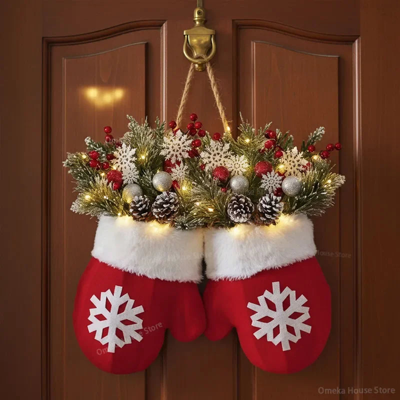 2025 Christmas Garland Creative Glove Shaped Simulated Flower Wreath Window Door Gate Decoration Door Sign Xmas Party Decoration