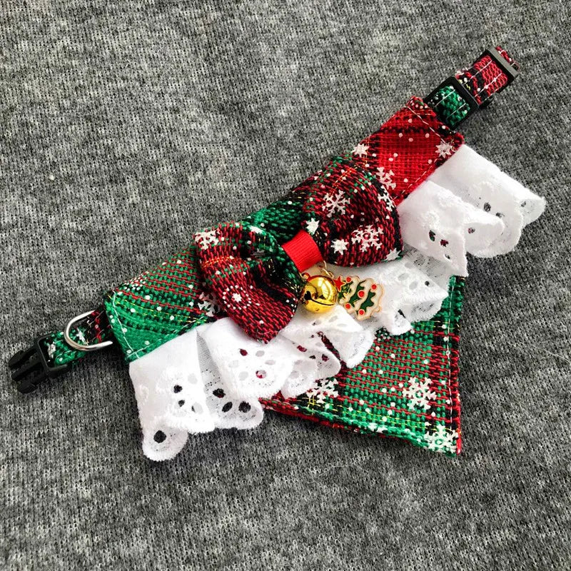 Pet Christmas Tie Bib Drool Towel Christmas Plaid Snowflake Triangle Scarf Bell Decoration Dog Accessories for Small Dogs Puppy