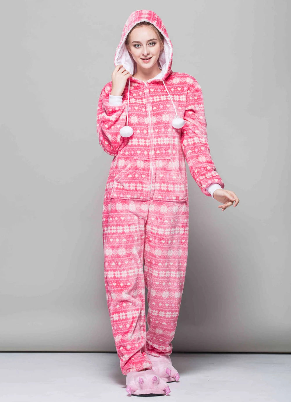 Christmas Adult One-piece Pajamas for Women Zip Up Prints Hooded Onesies Costume Men’s and Women’s Matching Holiday Jumpsuits