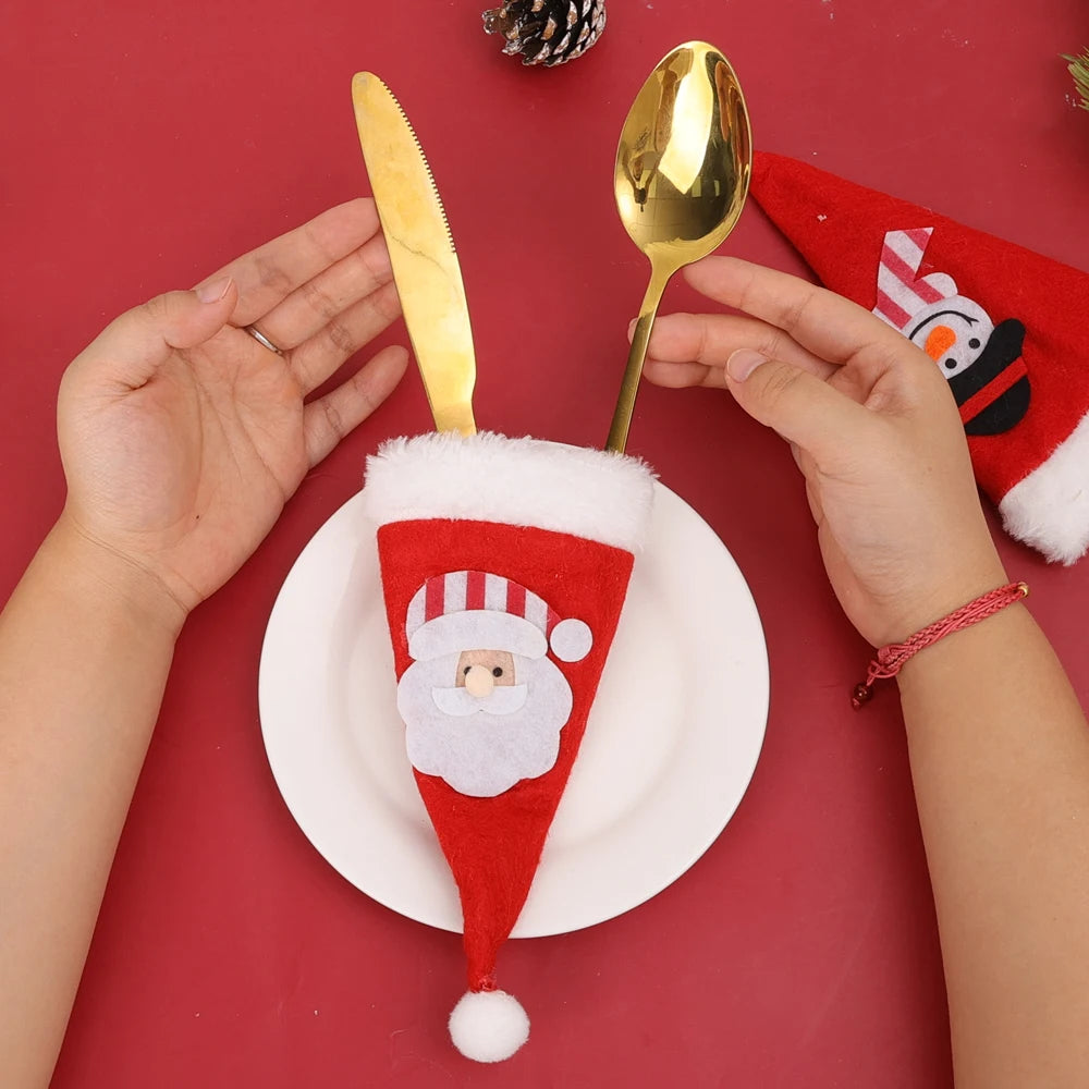 10/1Pcs Christmas Cutlery Holder Set Mini Santa Hat Fork Knife Tableware Holder Bag Christmas Navidad Party Dinner Table Decors