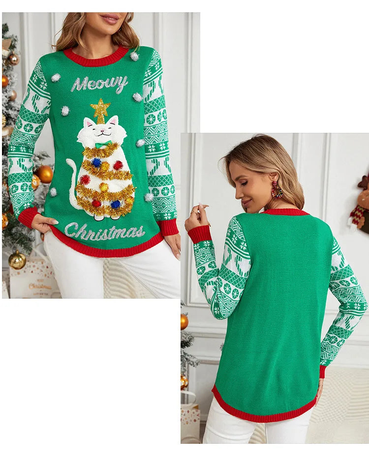 Sweater Women Christmas 2024 Ugly Sweater New Cartoon Cat Print O-Neck Autumn Winter Thick Loose Knitwears Tops Xmas Pullover