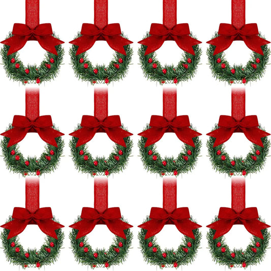 Christmas Kitchen Cabinet Wreaths with Ribbon 3.94 Inch Mini Christmas Wreath Small Kitchen Xmas Decor for Window Door(Red）