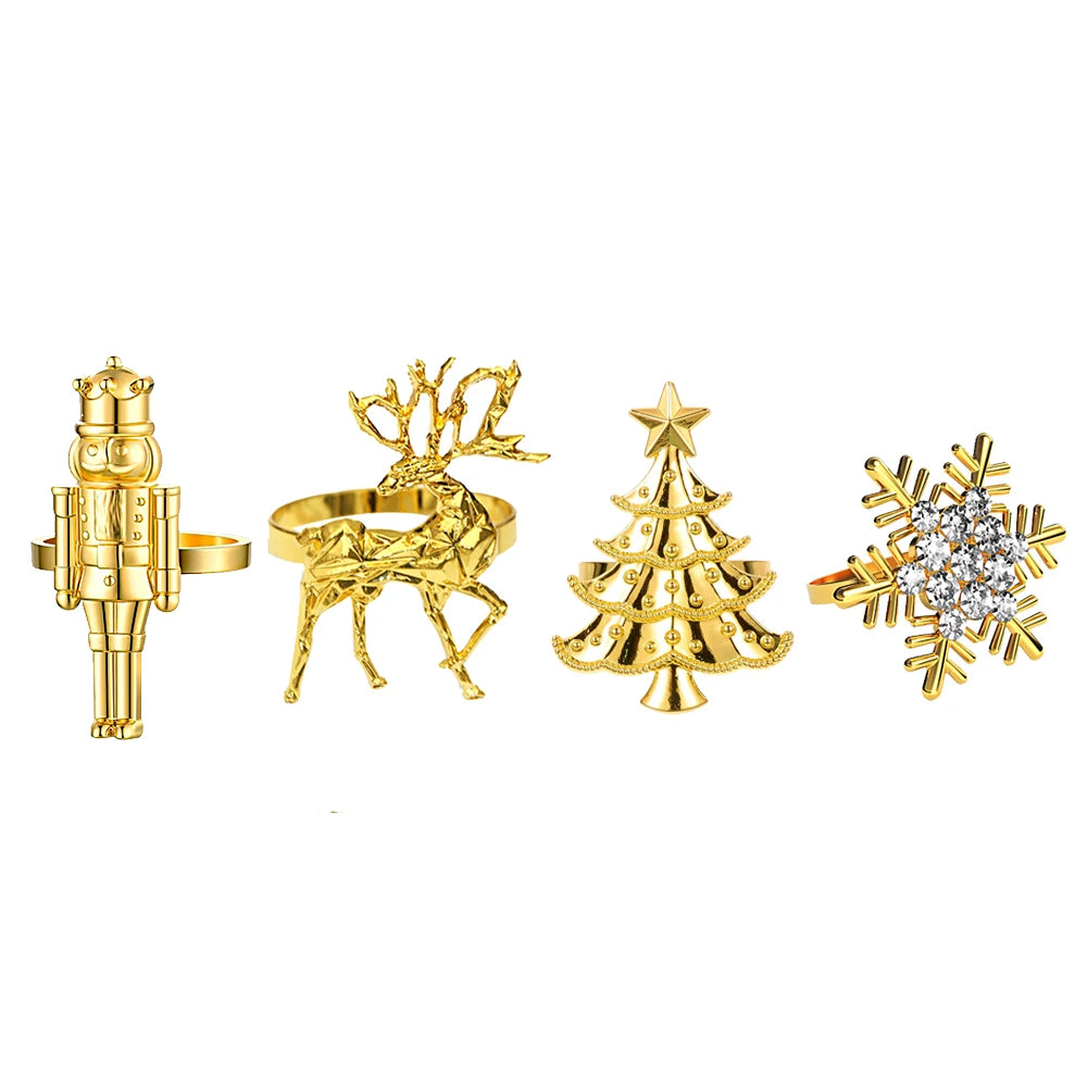 8Pcs Christmas Napkin Rings Set Nutcracker Soldier Elk Xmas Tree Snowflake Napkin Holders for New Year 2025 Party Table Decor