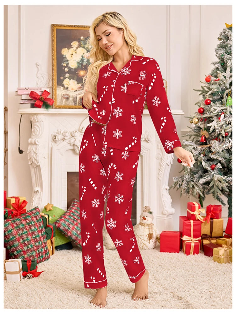 Meet'r New Year Christmas Long Sleeved Long Pants Home Clothes Underwear Snowflake print Pajamas Ladies' Comfortable Pajamas