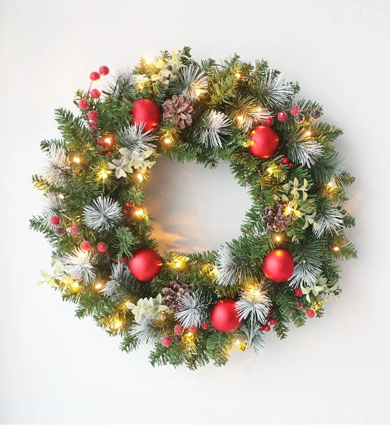 20-60cm Christmas Wreath with LED Fairy Light Door Hanging Garland Pine for Home Decorations Xmas Party Supplies Happy New Year