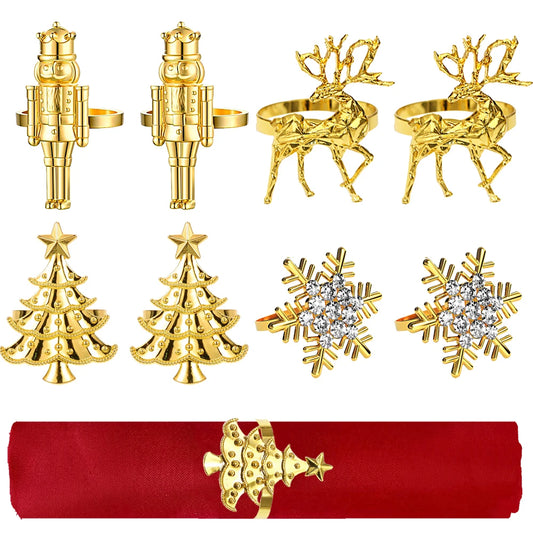 8Pcs Christmas Napkin Rings Set Nutcracker Soldier Elk Xmas Tree Snowflake Napkin Holders for New Year 2025 Party Table Decor
