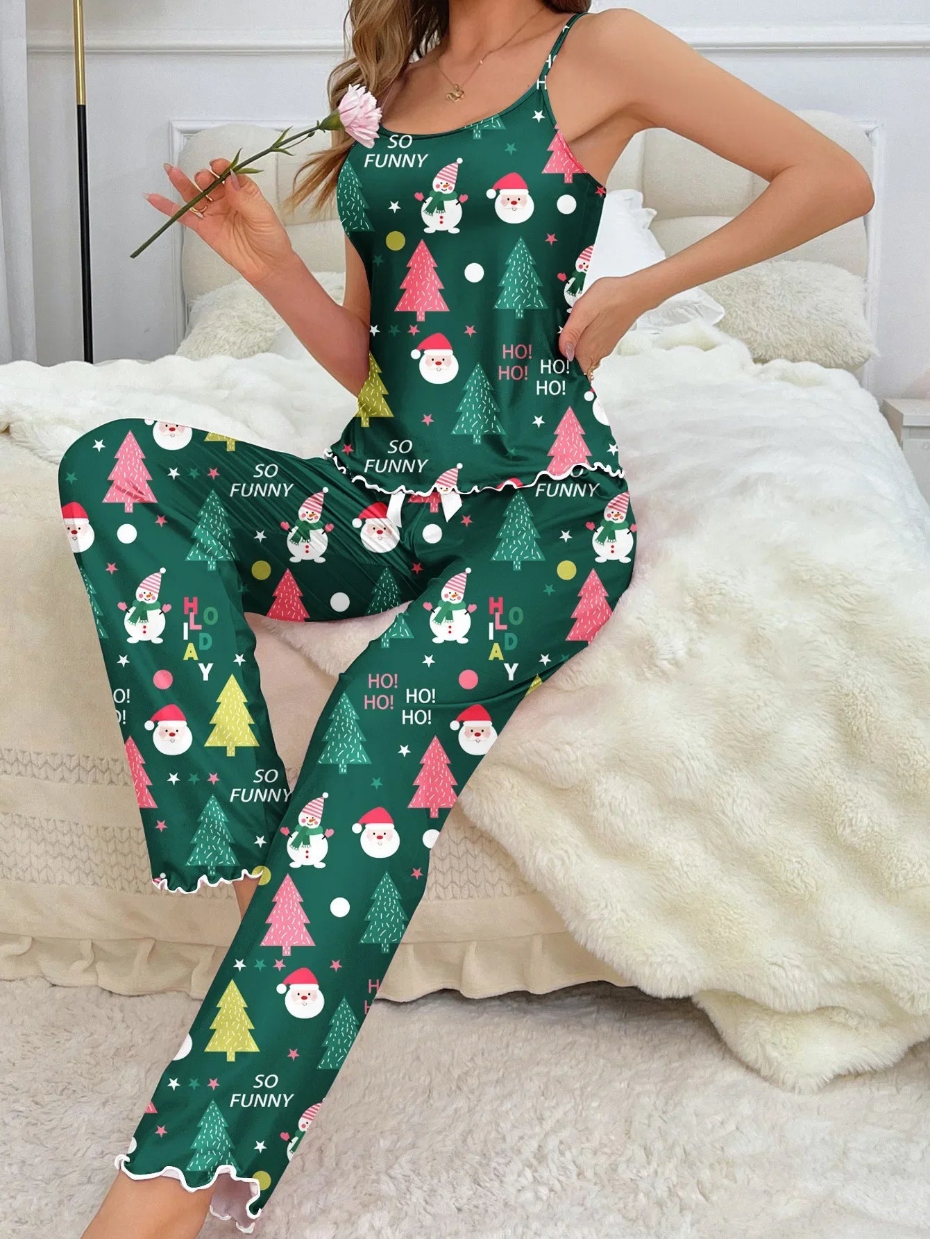 Women Christmas Pajamas Set Sleepwear Nightwear 2 Piece Santa Claus Snow Man Printed Crop Tops and Pants Sets Homewear