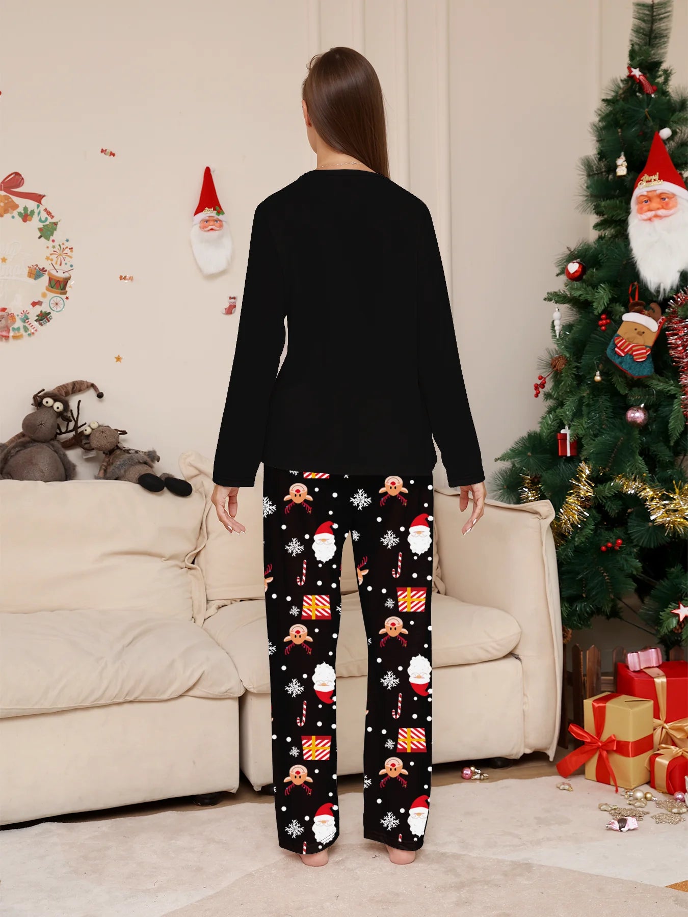 Merry Christmas Couple Pajamas - Long Sleeve Black Santa Print & Festive Pattern Pants Set