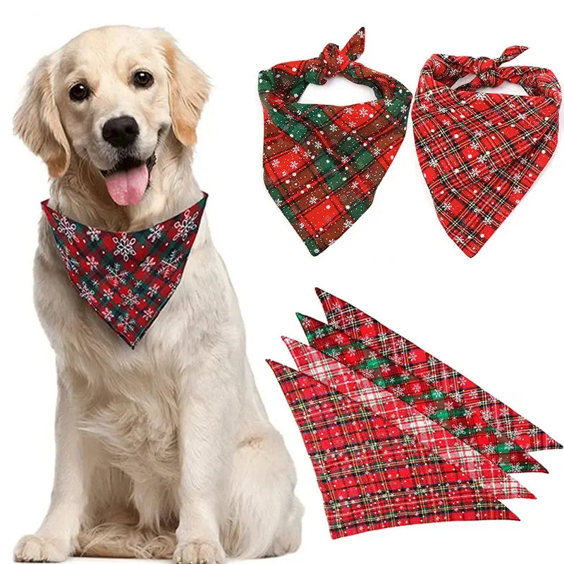 Dog Bandanas Large Pet Scarf Christmas Snow Print Dog Cotton Plaid WashableBow Ties Collar Cat Dog Scarf Large Accessories