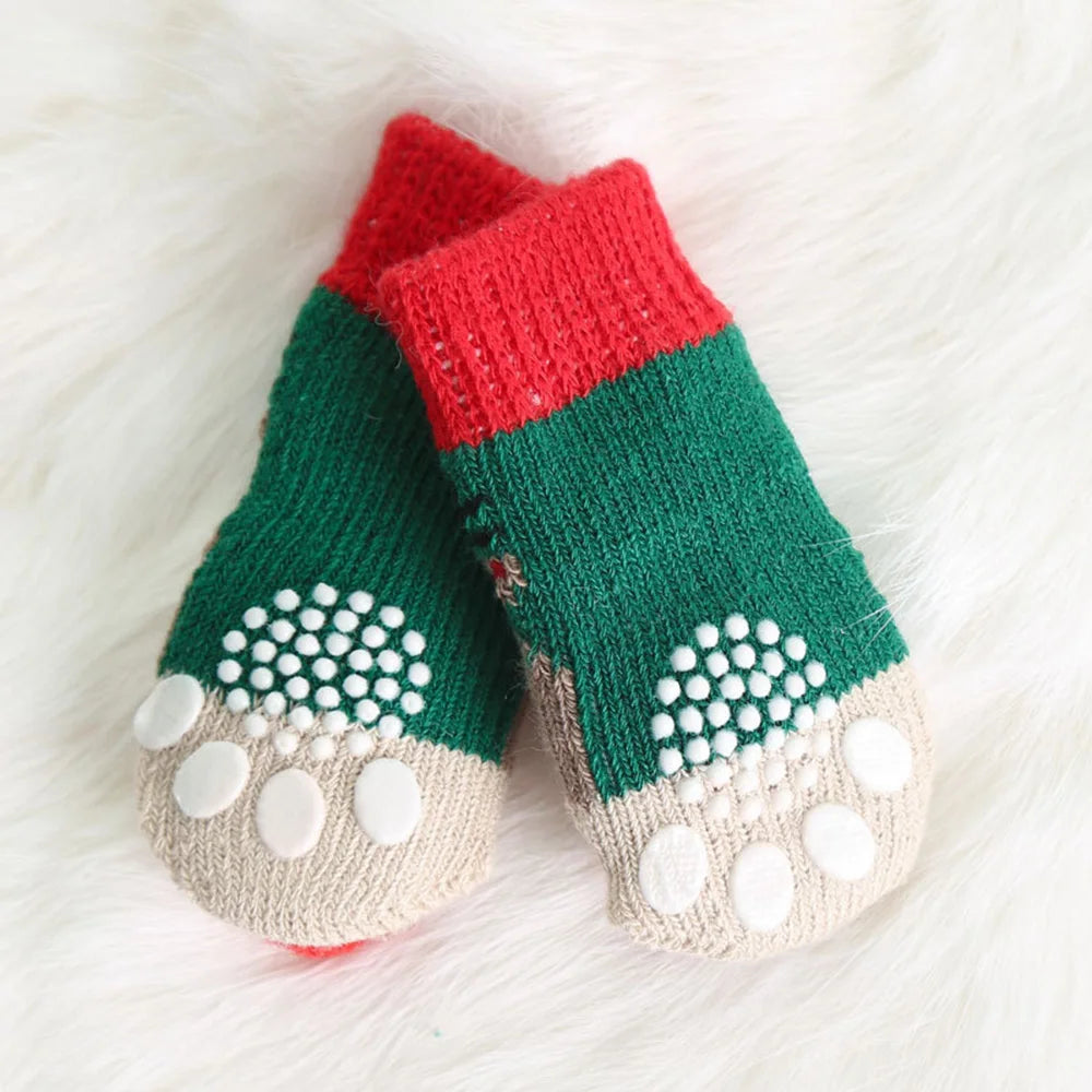 4pcs/set Winter Dog Socks Cute Pattern Foot Covers Warm Anti Slip Shoes Puppy Paw Protector Christmas Gift for Puppy Cat Dogs