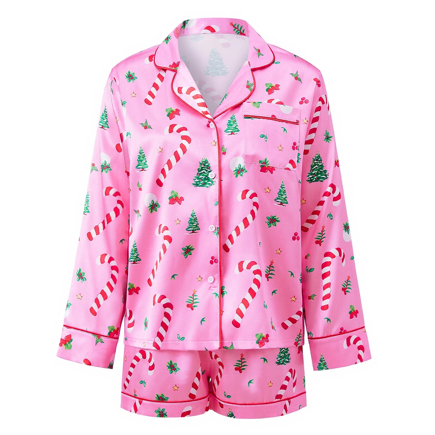 Women 2 Piece Christmas Pajama Set Printed Long Sleeve Button-up Tops and Elastic Waist Shorts