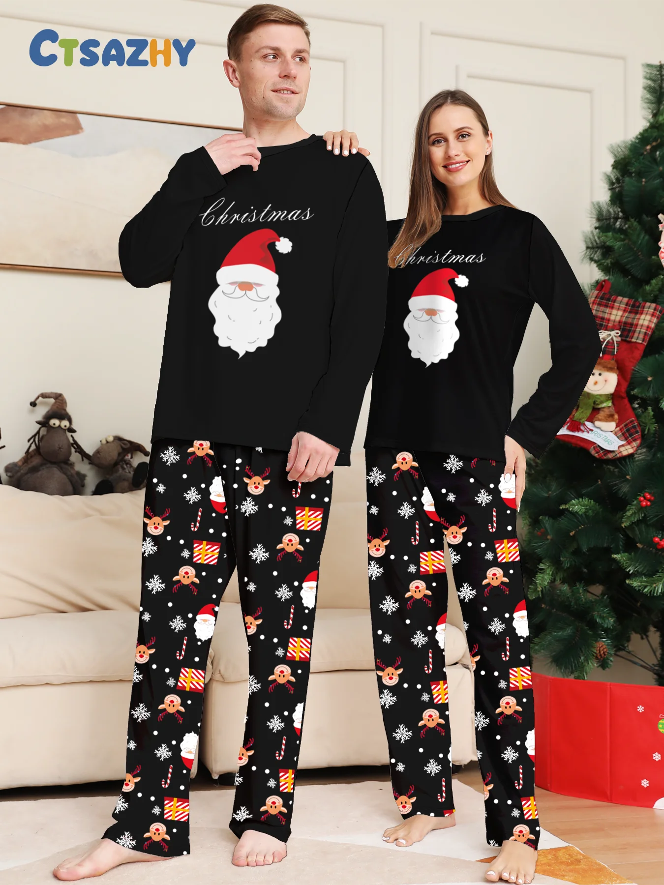 Merry Christmas Couple Pajamas - Long Sleeve Black Santa Print & Festive Pattern Pants Set