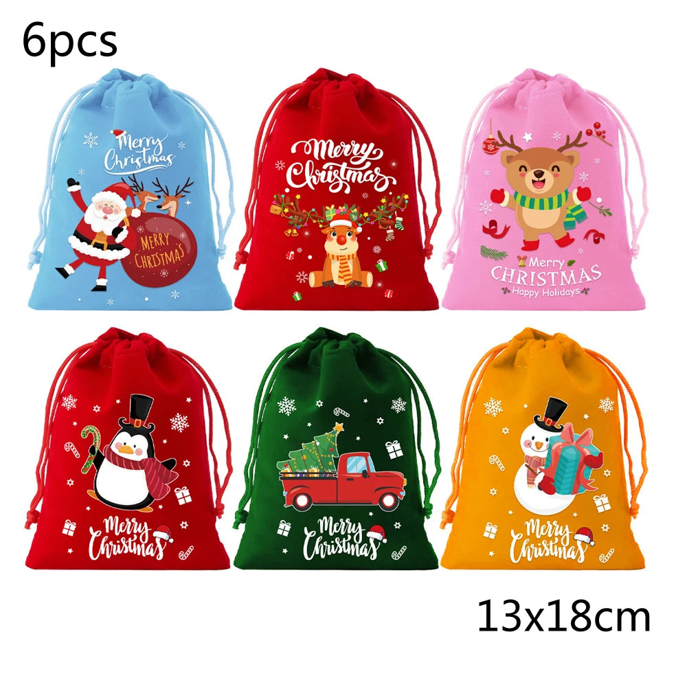 1/6/30pcs Christmas Velvet Drawstring Candy Gift Bag Small Wrapping Bag for Present Party Biscuit Jewelry Pouch New Year Storage