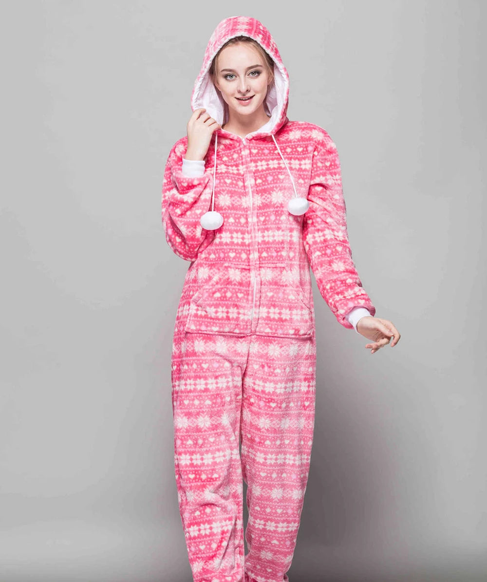 Christmas Adult One-piece Pajamas for Women Zip Up Prints Hooded Onesies Costume Men’s and Women’s Matching Holiday Jumpsuits