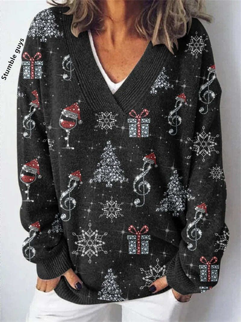 Women's Christmas Sweater Autumn Winter Casual Fashion European American Warm Deer Snowman Dog Print Y2K Knit Top