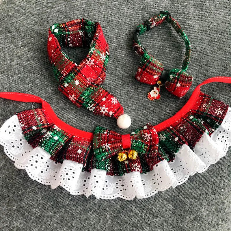 Pet Christmas Tie Bib Drool Towel Christmas Plaid Snowflake Triangle Scarf Bell Decoration Dog Accessories for Small Dogs Puppy