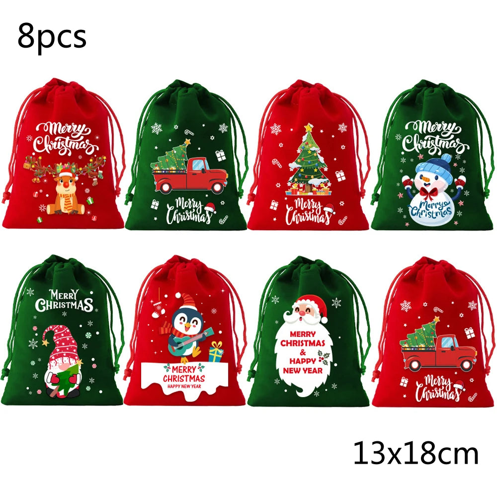 1/6/30pcs Christmas Velvet Drawstring Candy Gift Bag Small Wrapping Bag for Present Party Biscuit Jewelry Pouch New Year Storage