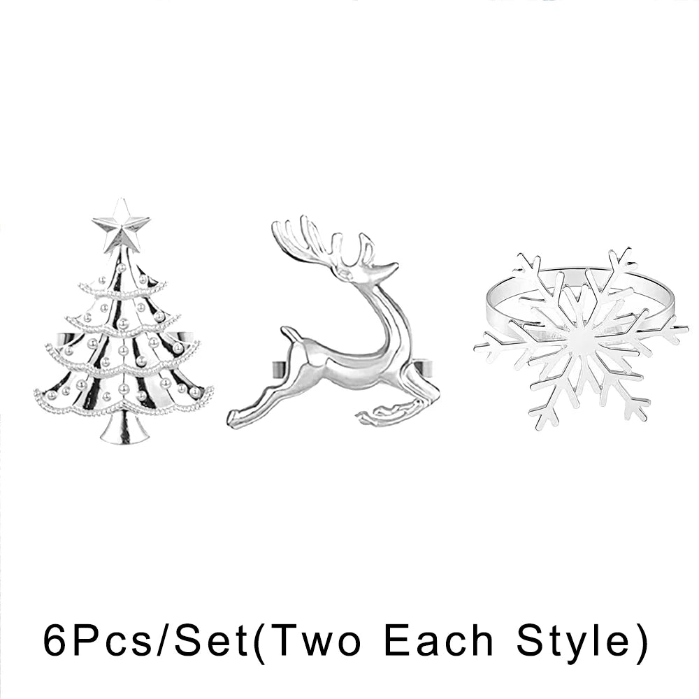 6Pcs Christmas Napkin Rings Gold Metal Snowflake Deer Serviette Buckle Xmas Tree Napkin Holder for Home Christmas Table Decor