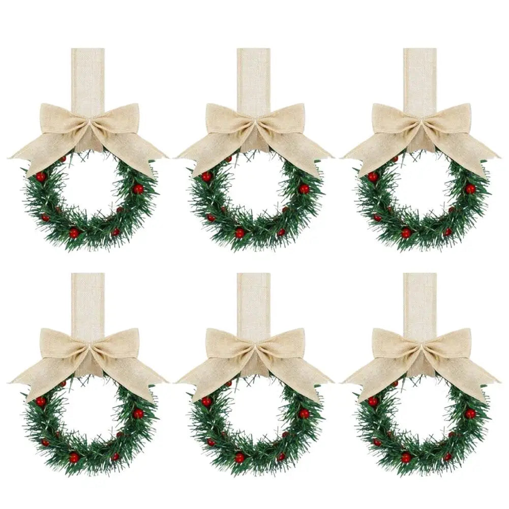 6Pcs Christmas Kitchen Wreath Decoration with Ribbon Bow Christmas Cupboard Wreath Decoration Christmas Home Party Decoration