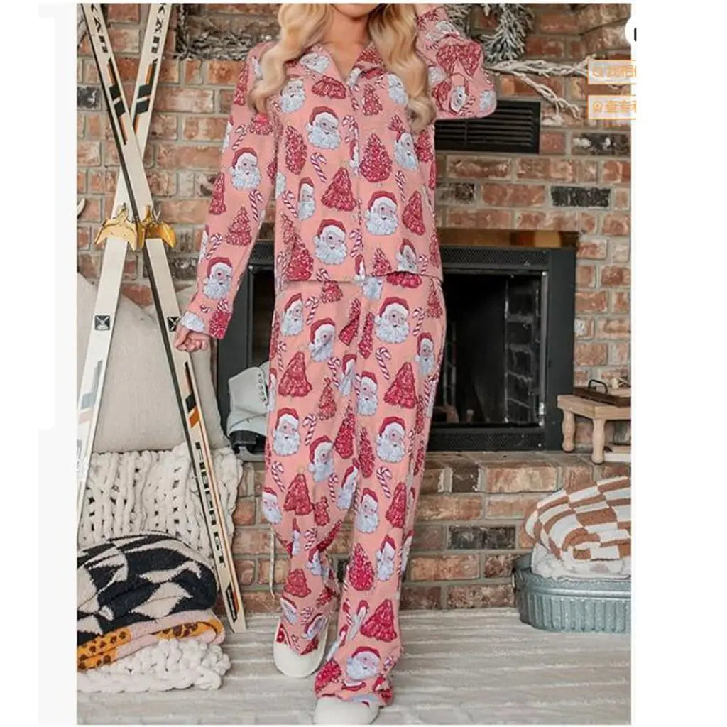 Womens Christmas 2Piece Pajamas Loungewear Set Santa/Tree/House Print Long Sleeve Tops+Elastic Pants Homewear Outfits