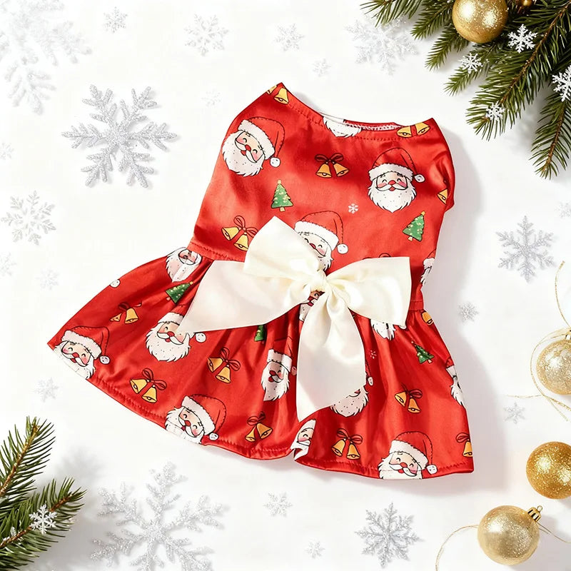 Christmas Dog Dress with Bow, Festive Printed Pet Skirt, Lightweight Holiday Outfit, Sizes M–6XL for Small to Large Dogs
