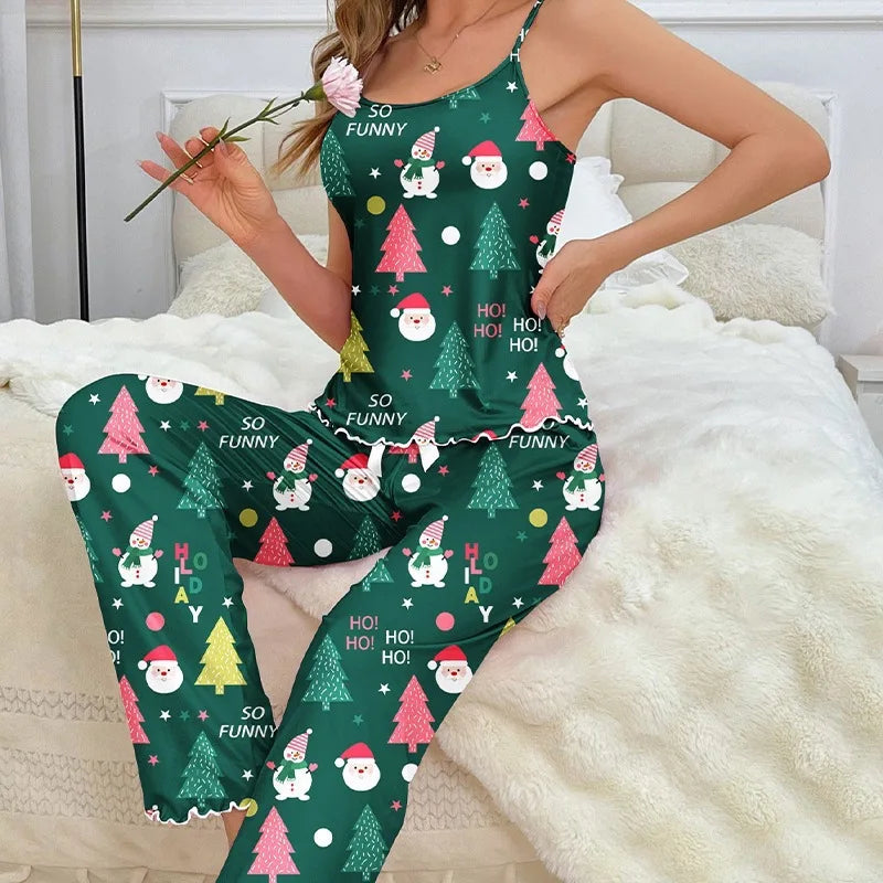 Women Christmas Pajamas Set Sleepwear Nightwear 2 Piece Santa Claus Snow Man Printed Crop Tops and Pants Sets Homewear