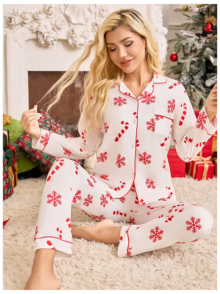 Meet'r New Year Christmas Long Sleeved Long Pants Home Clothes Underwear Snowflake print Pajamas Ladies' Comfortable Pajamas