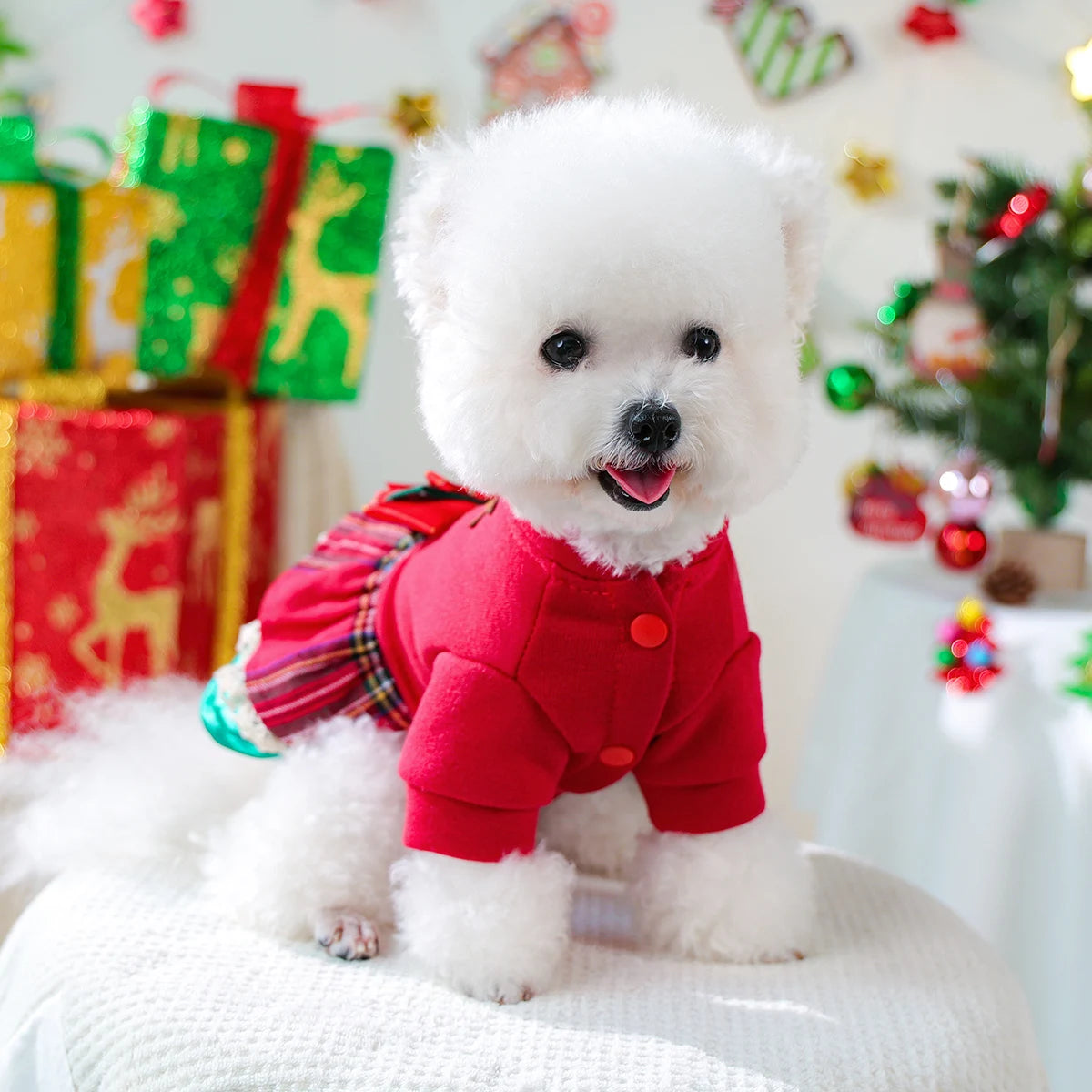 Pet Clothes Snowflake Elk Christmas Dress Red Winter Thickened Clothing Christmas Costume with Bow Decoration