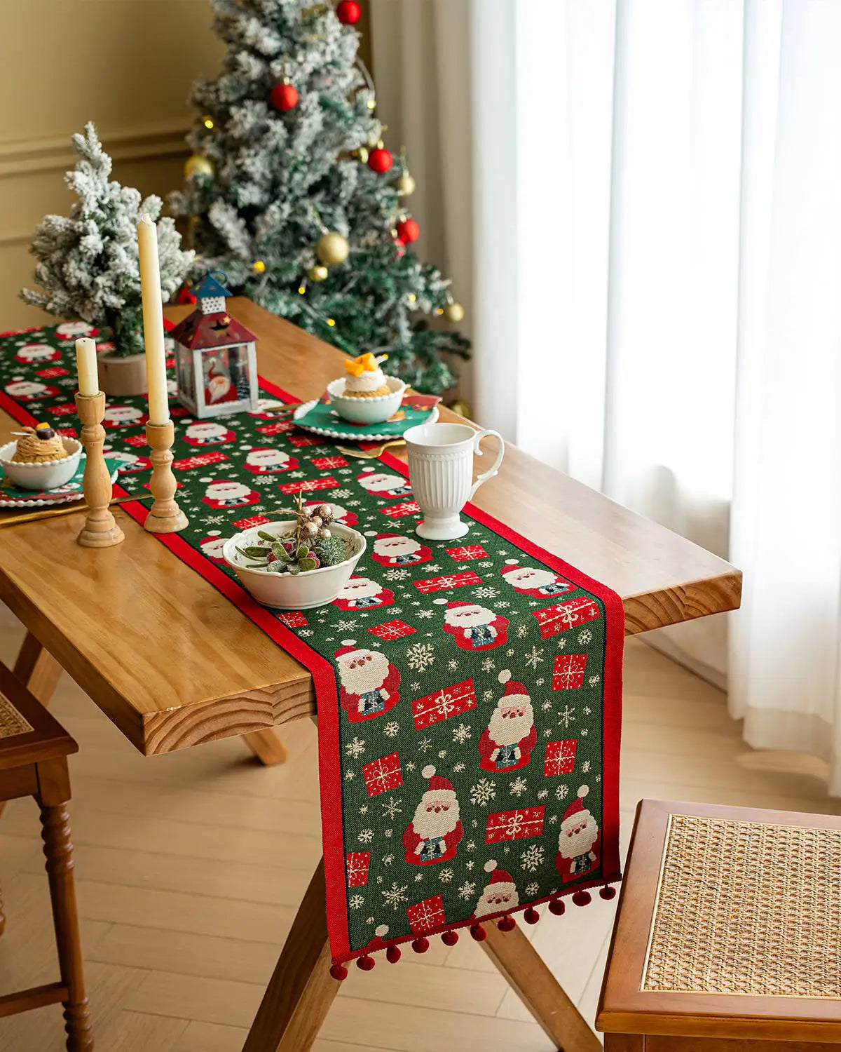 Retro Christmas Cotton and Linen Jacquard Table Runner Santa Claus Jacquard Long Table Runners Tv Cabinet Tablecloth Party Decor
