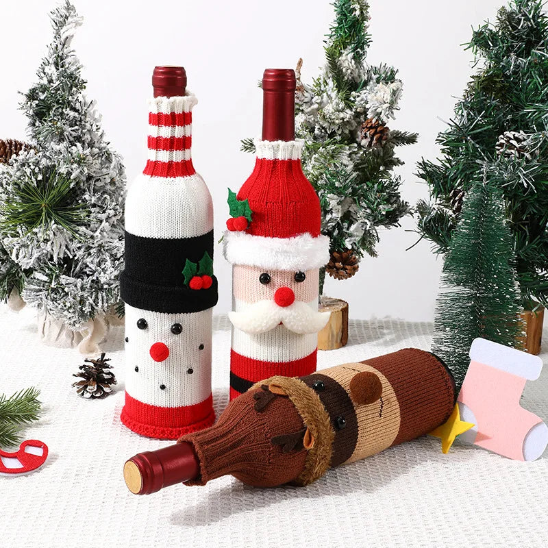 Knitted Christmas Wine Bottle Covers Santa Snowman Design Acrylic Champagne Holder for Holiday Party Table Decorations Gift
