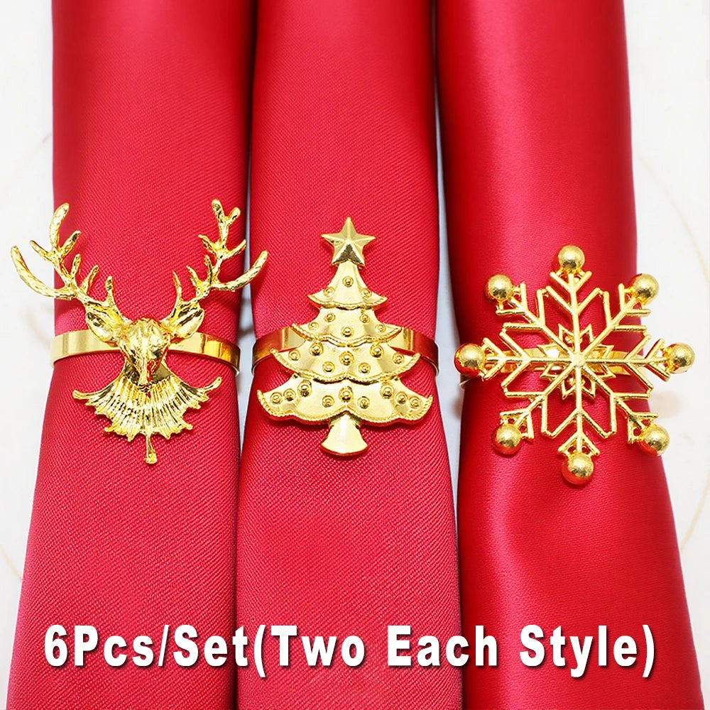6Pcs Christmas Napkin Rings Gold Metal Snowflake Deer Serviette Buckle Xmas Tree Napkin Holder for Home Christmas Table Decor