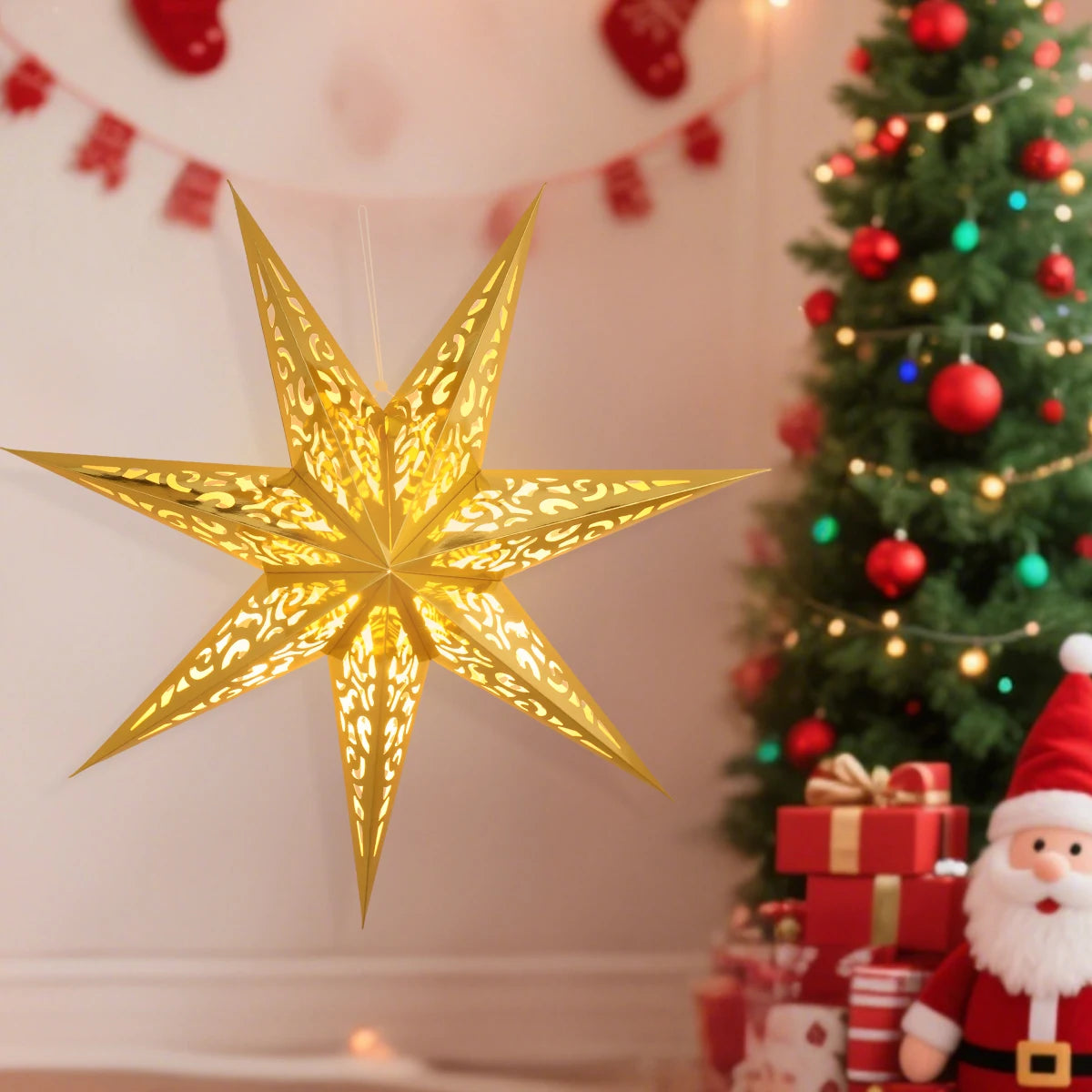 Christmas Paper Star Pendant Merry Christmas Decorations for Home 2025 Navidad Xmas Tree Hanging Lampshades Ornament New Year