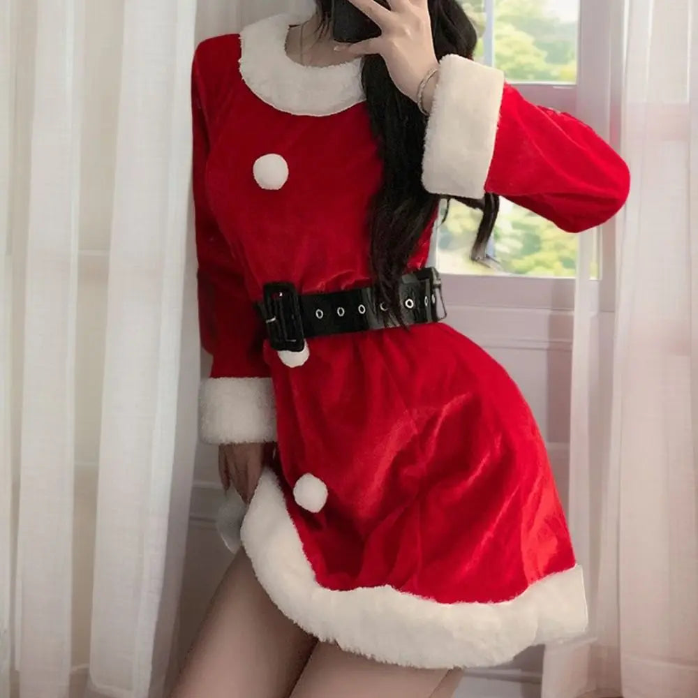 Comfortable Christmas Dress Women Pajamas New Year Red Dress Suit Sweet High Waist Long Sleeve Nightwear Girl