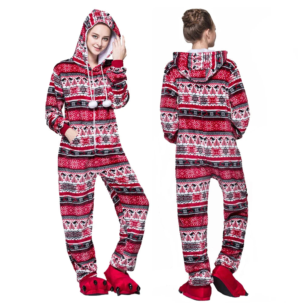 Christmas Adult One-piece Pajamas for Women Zip Up Prints Hooded Onesies Costume Men’s and Women’s Matching Holiday Jumpsuits