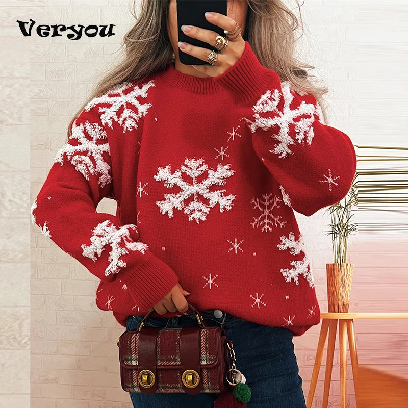 Christmas Sweater For Women Casual O Neck Long Sleeve Snowflake Printed Knitted Printed Sweater Women Pullover