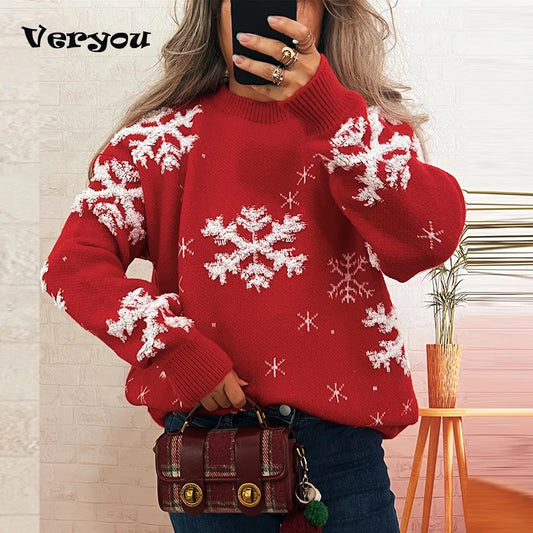 Christmas Sweater For Women Casual O Neck Long Sleeve Snowflake Printed Knitted Printed Sweater Women Pullover