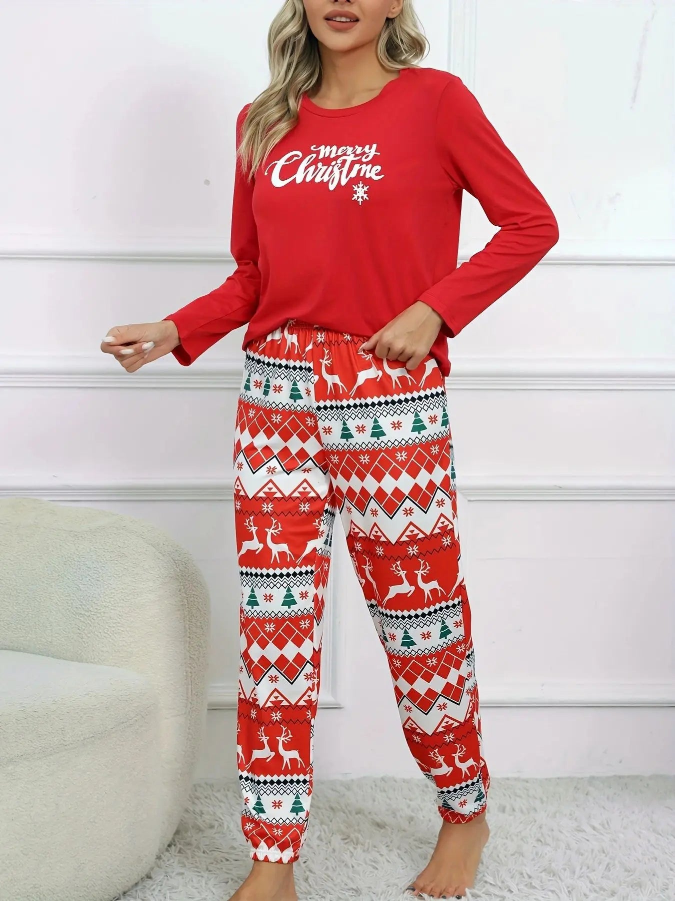Pijamas Christmas Gift Sleepwear Spring Autumn Female 2PCS Pajamas Set Red Print Elk Long Sleeve Trouser Suits Loose Home Wear