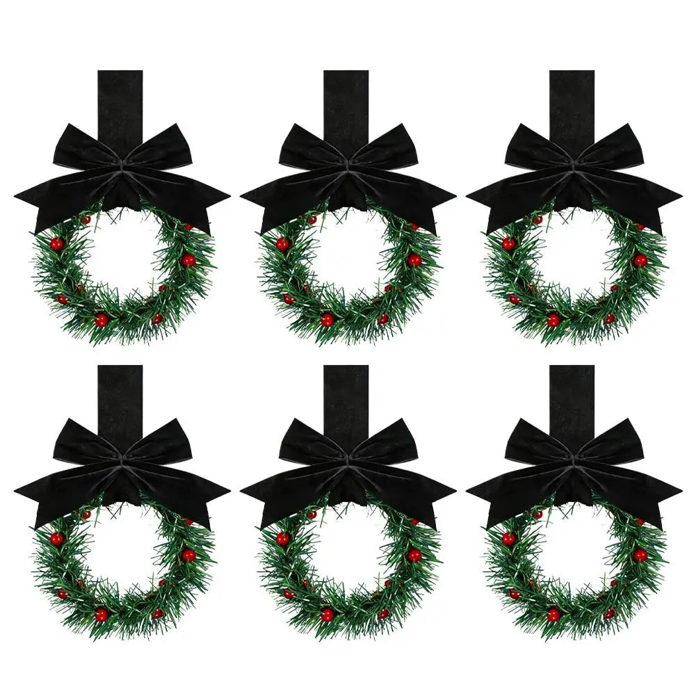 6Pcs Christmas Kitchen Wreath Decoration with Ribbon Bow Christmas Cupboard Wreath Decoration Christmas Home Party Decoration