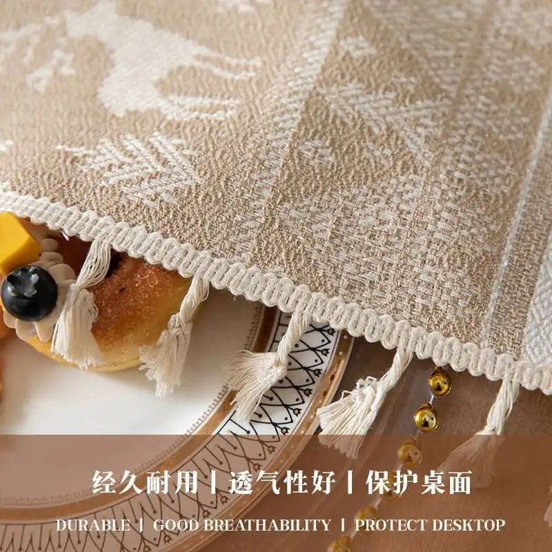 Christmas Deer Tablecloth Cotton Linen Fabric Dining Table Cloth Light Luxury High-end Rectangular Tablecloth Tassel Cover Cloth